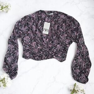 Zara Purple Floral Twist Sheer Cropped Whimsigoth Fairy Floral Blouse NWT Large